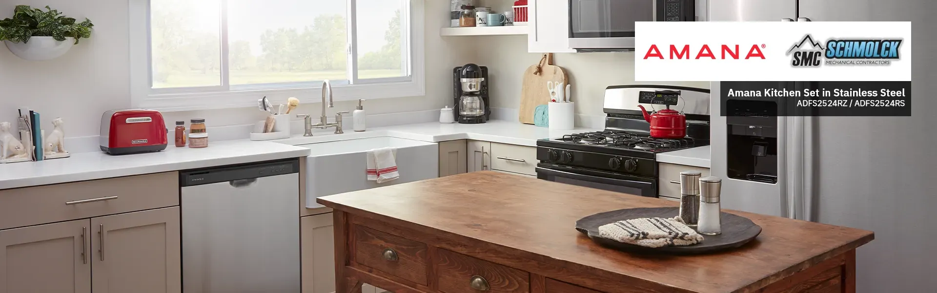 Amana Promo Banner featuring a kitchen set for Schmolck Mechanical Contractors.